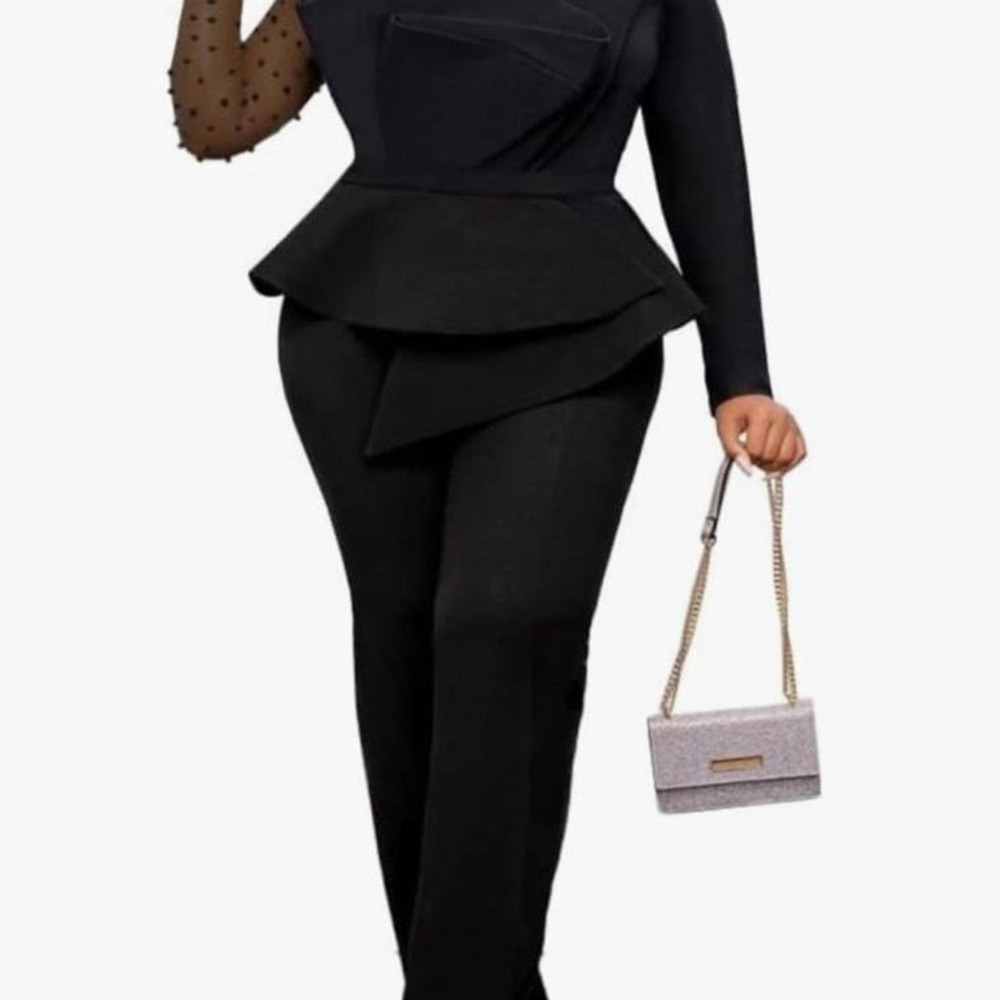 Women's Black Mesh Sleeve Patchwork Bead Long Sleeve Peplum High Waist Jumpsuit